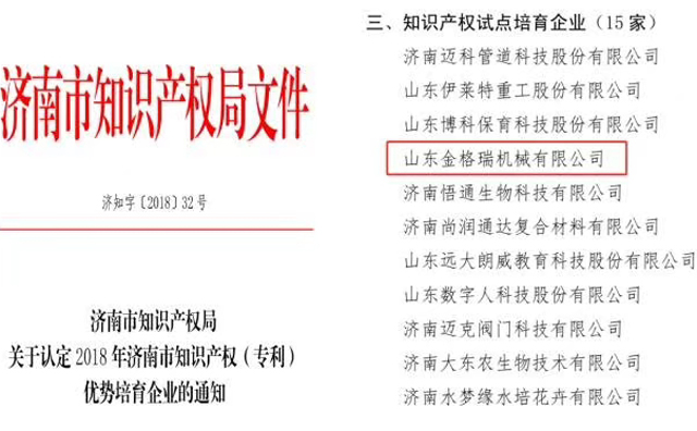 山东91麻豆精品秘密入口机械有限公司为知识产权试点培育企业